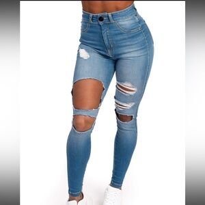 Womens Regular Super Ripped High Waisted Fitjeans - Arctic Light Blue